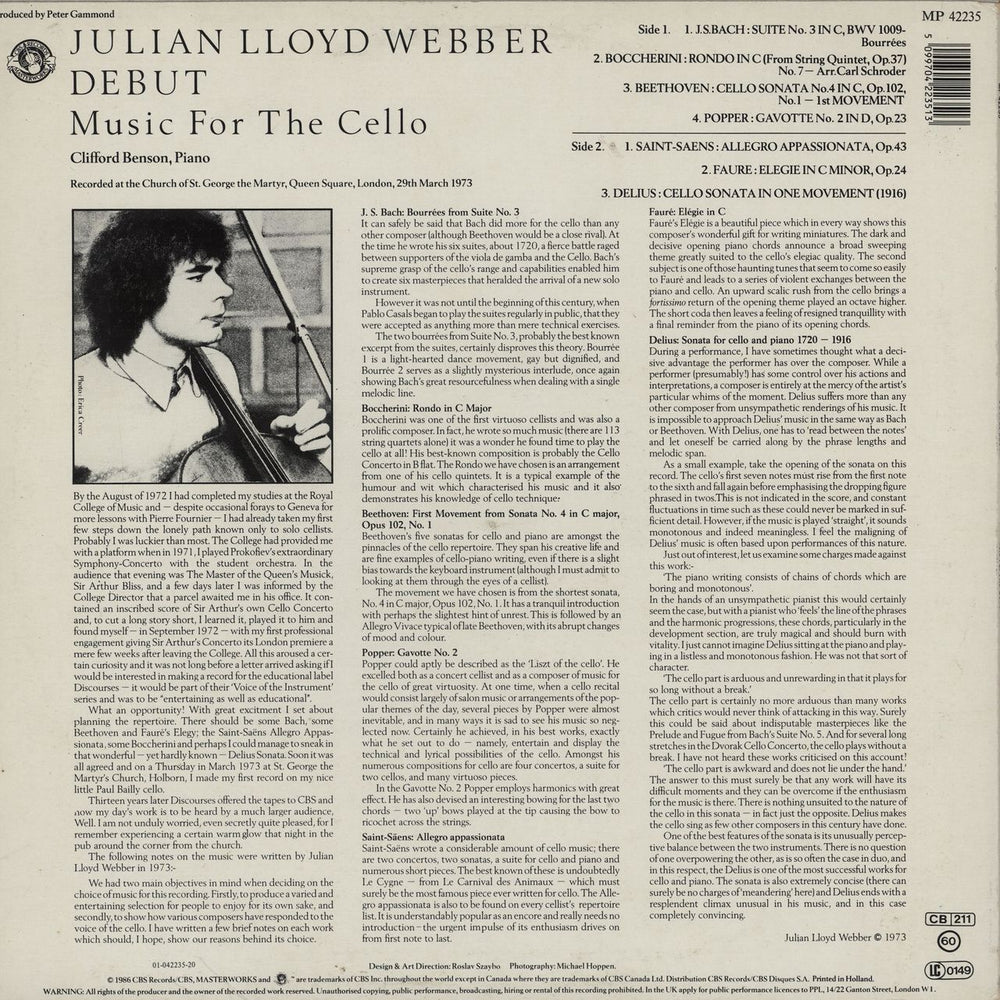 Julian Lloyd Webber Debut: Music For the Cello UK vinyl LP album (LP record) 5099704223513