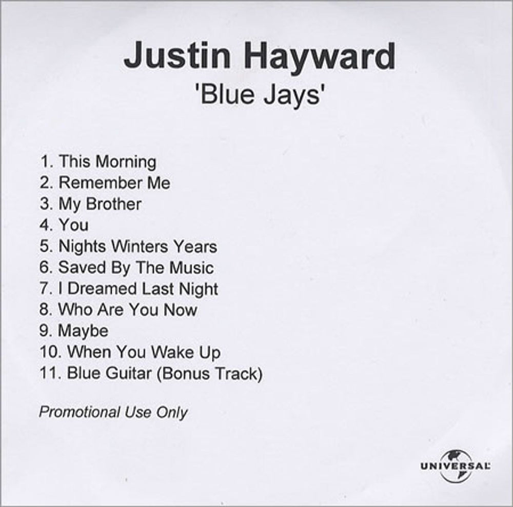 Justin Hayward Blue Jays UK Promo CD-R acetate CD-R