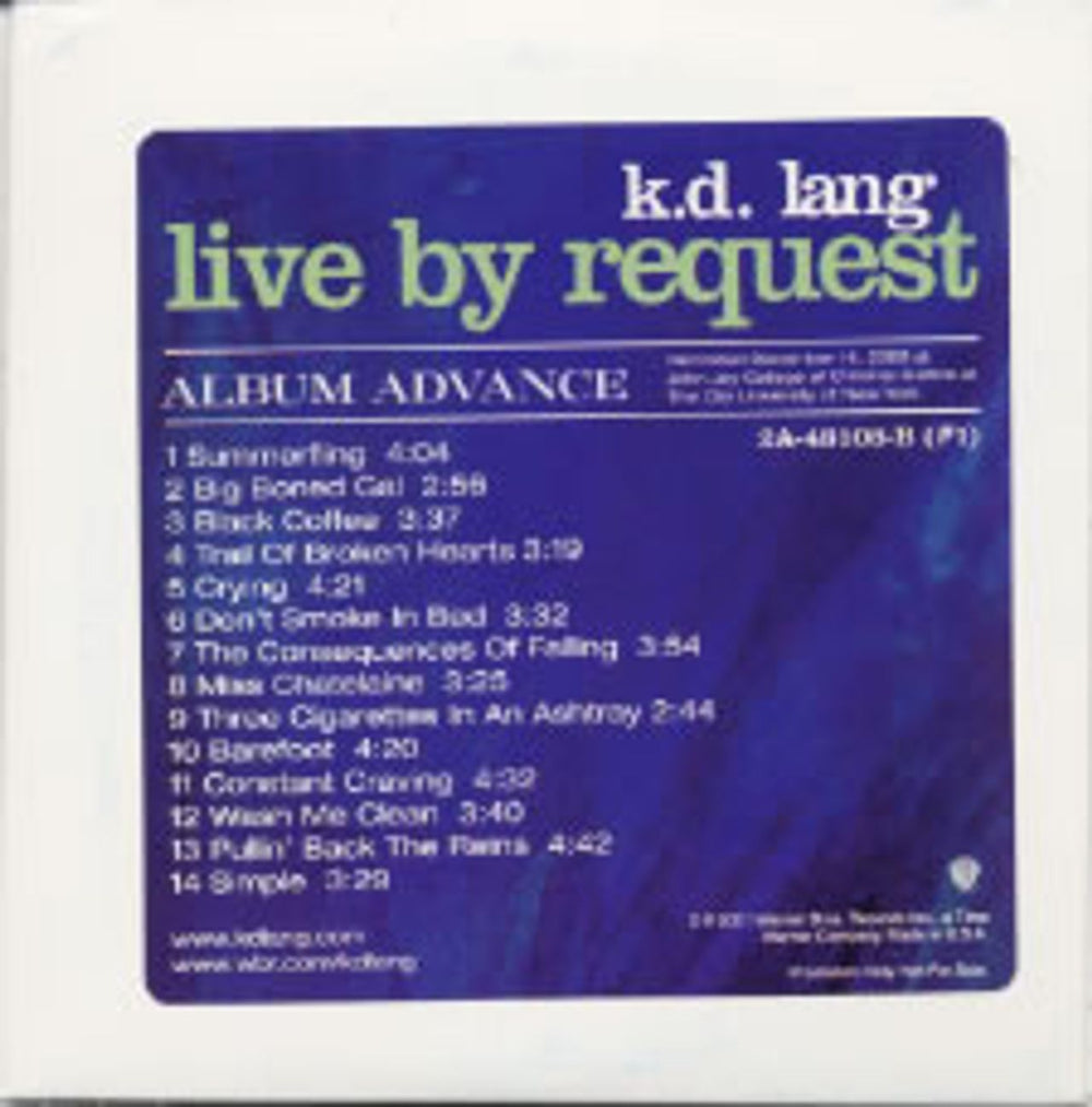 K.D. Lang Live By Request US Promo CD album (CDLP) 2A-48108-B