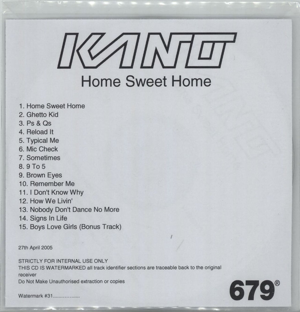 Kano (Rapper) Home Sweet Home UK Promo CD-R acetate CD-R