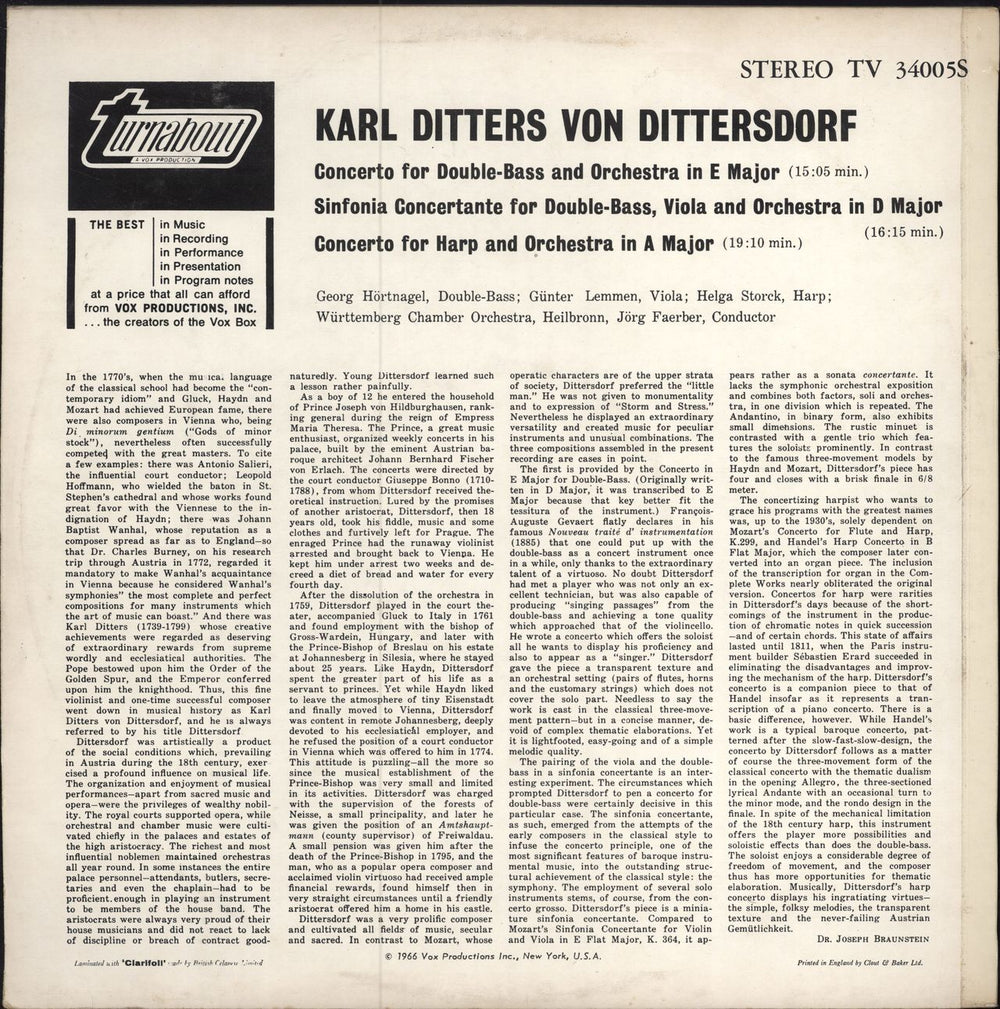 Karl Ditters Von Dittersdorf Concerto For Double-Bass / Concerto For Harp / Sinfonia Concertante For Double-Bass & Viola UK vinyl LP album (LP record)