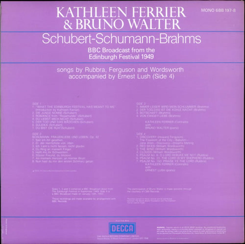 Kathleen Ferrier Schubert - Schumann - Brahms UK 2-LP vinyl record set (Double LP Album) KFE2LSC527598