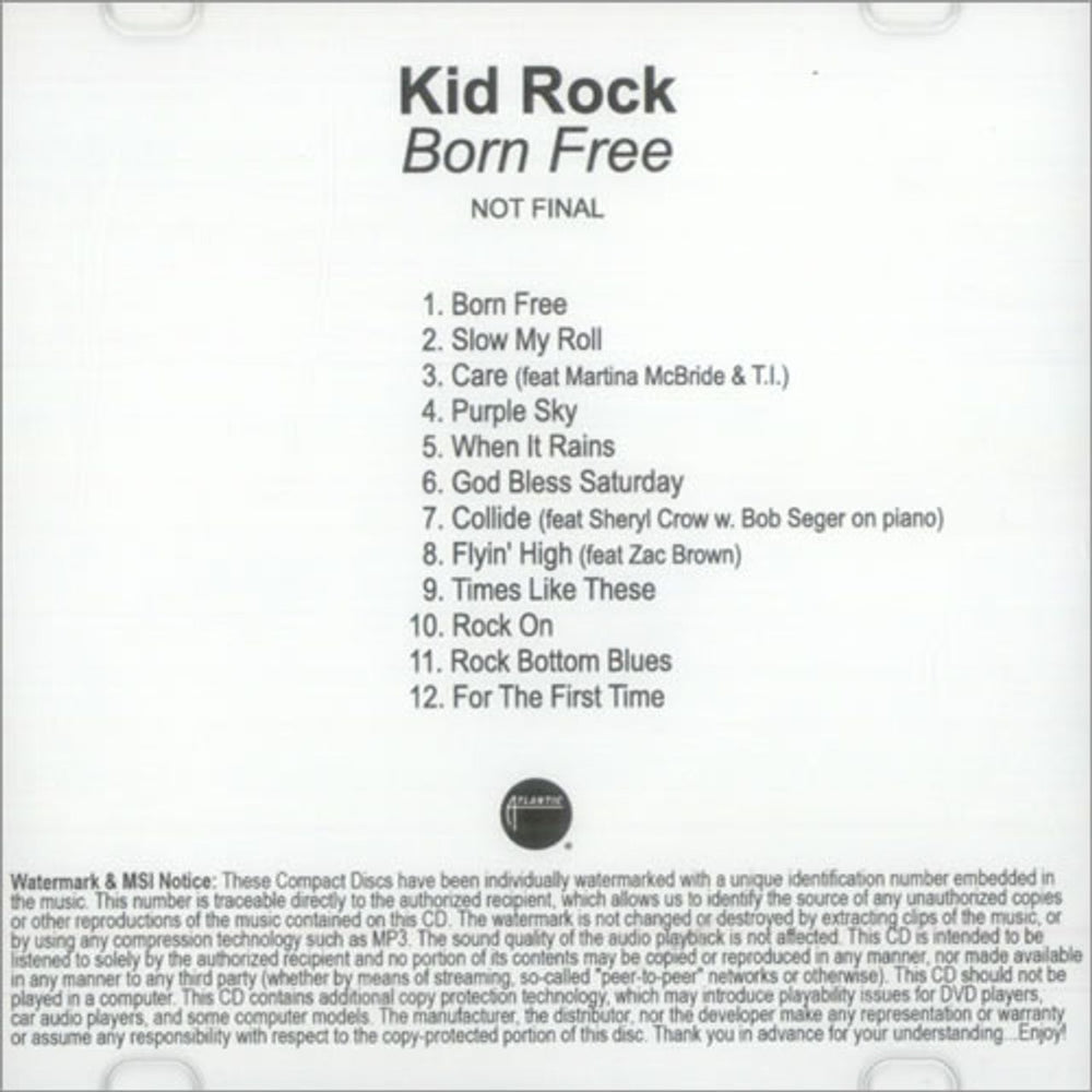 Kid Rock Born Free US Promo CD-R acetate CD-R ACETATE