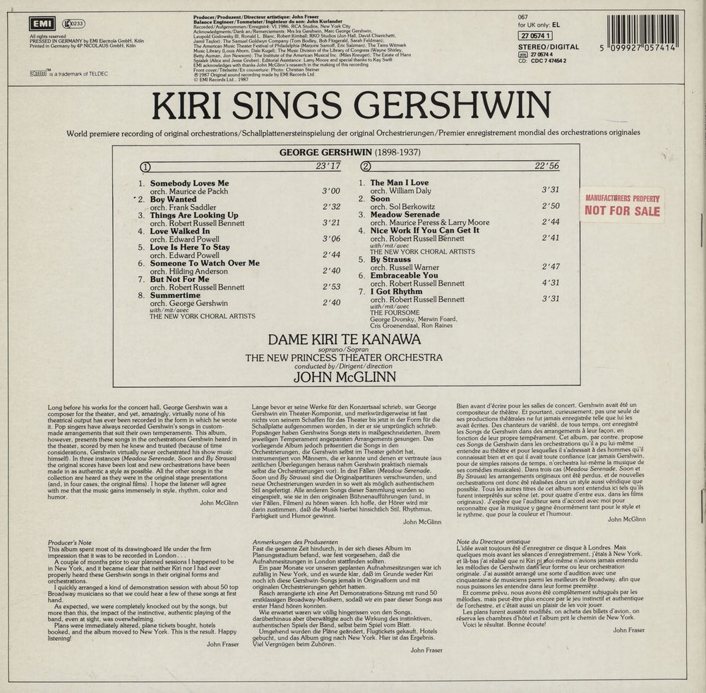 Kiri Te Kanawa Kiri Sings Gershwin German vinyl LP album (LP record) 5099927057414