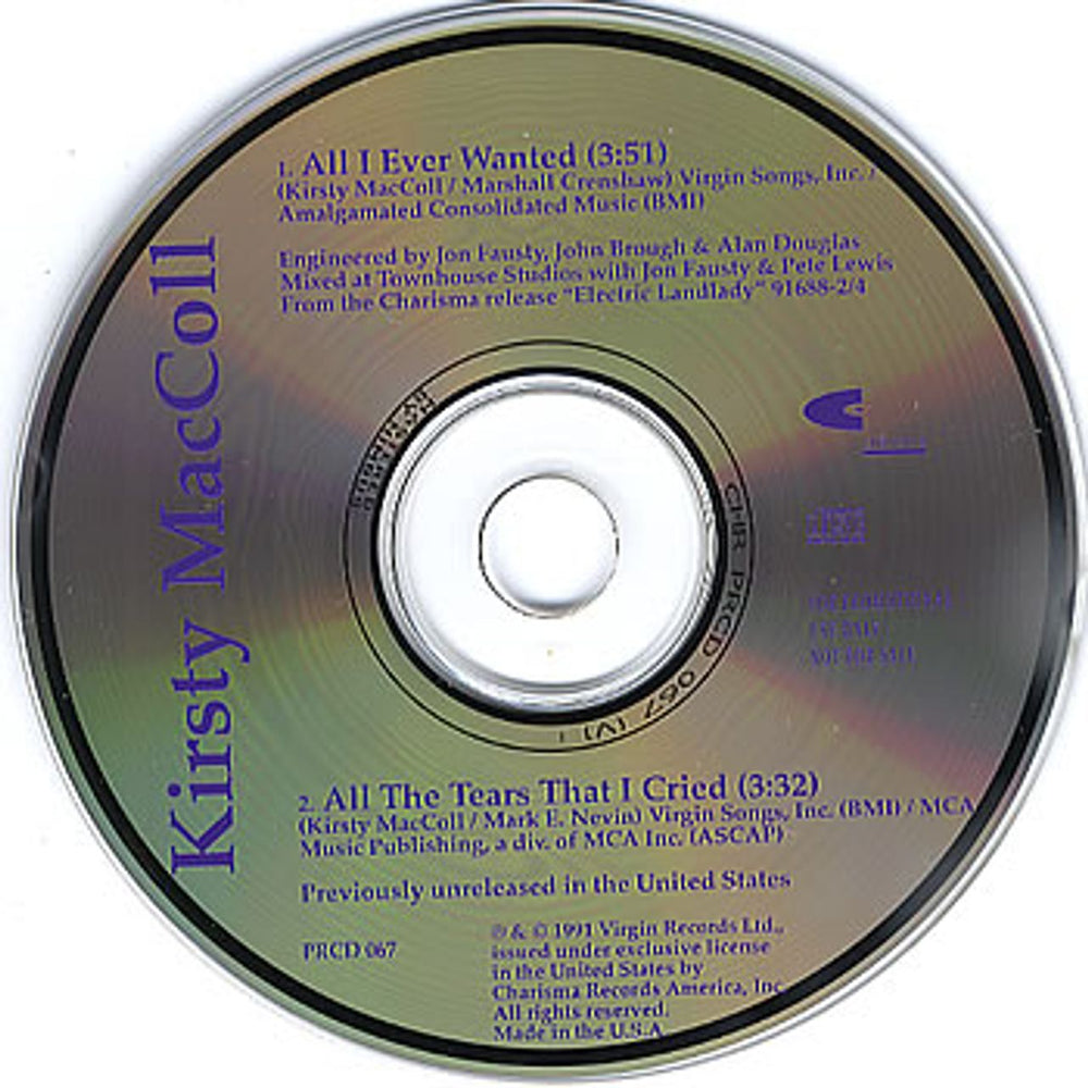 Kirsty MacColl All I Ever Wanted US Promo CD single (CD5 / 5") PRCD067