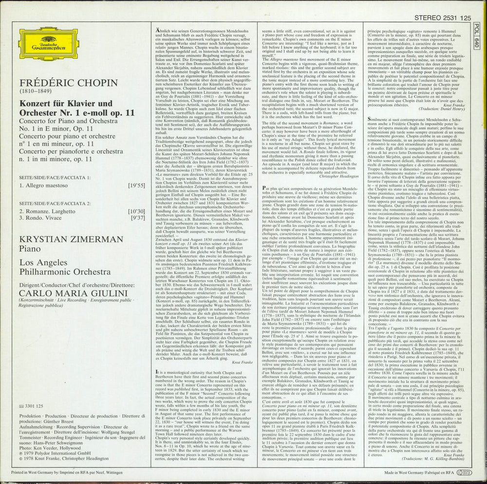 Krystian Zimerman Chopin: Piano Concerto No. 1 German vinyl LP album (LP record)