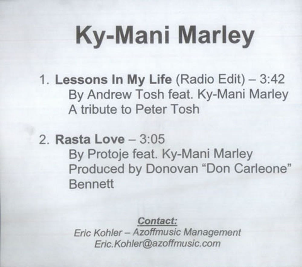 Ky-Mani Marley Lessons In My Life US Promo CD-R acetate CD-R ACETATE