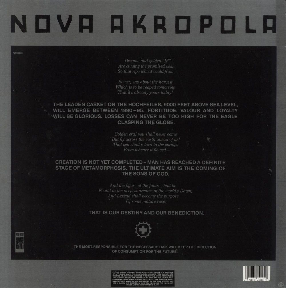 Laibach Nova Akropola US vinyl LP album (LP record) 017837708016