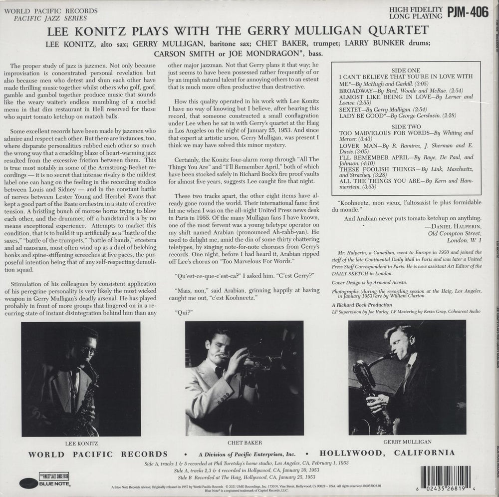 Lee Konitz Lee Konitz Plays With The Gerry Mulligan Quartet - 180gram Vinyl - Sealed US vinyl LP album (LP record) 602435268194