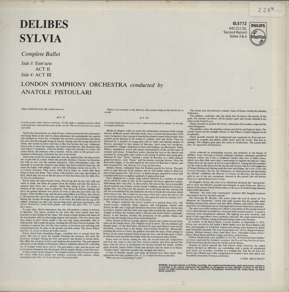 Léo Delibes Sylvia (Complete Ballet) - Record 1 & 2 UK 2-LP vinyl record set (Double LP Album) 1958