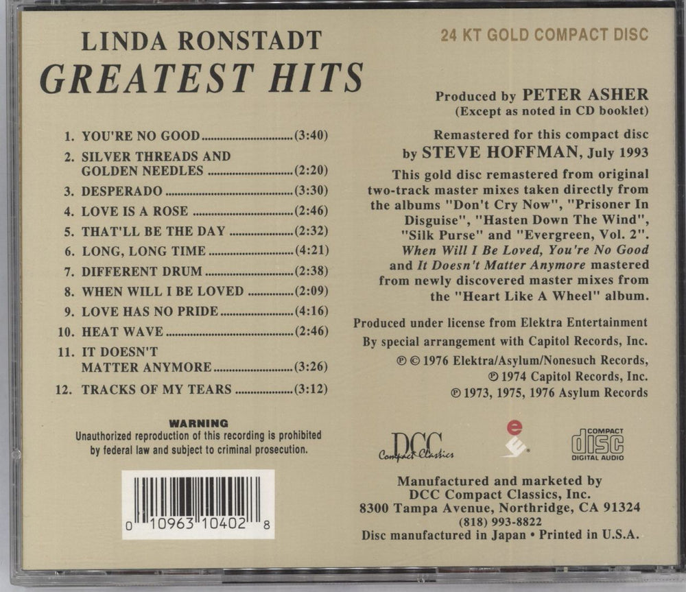 Linda Ronstadt Greatest Hits US CD album (CDLP) LIRCDGR815021