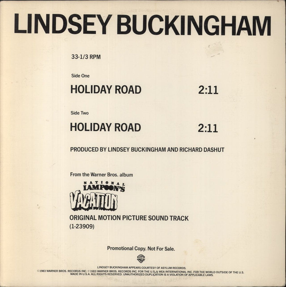 Lindsey Buckingham Holiday Road US Promo 12" vinyl single (12 inch record / Maxi-single) PRO-A-2055