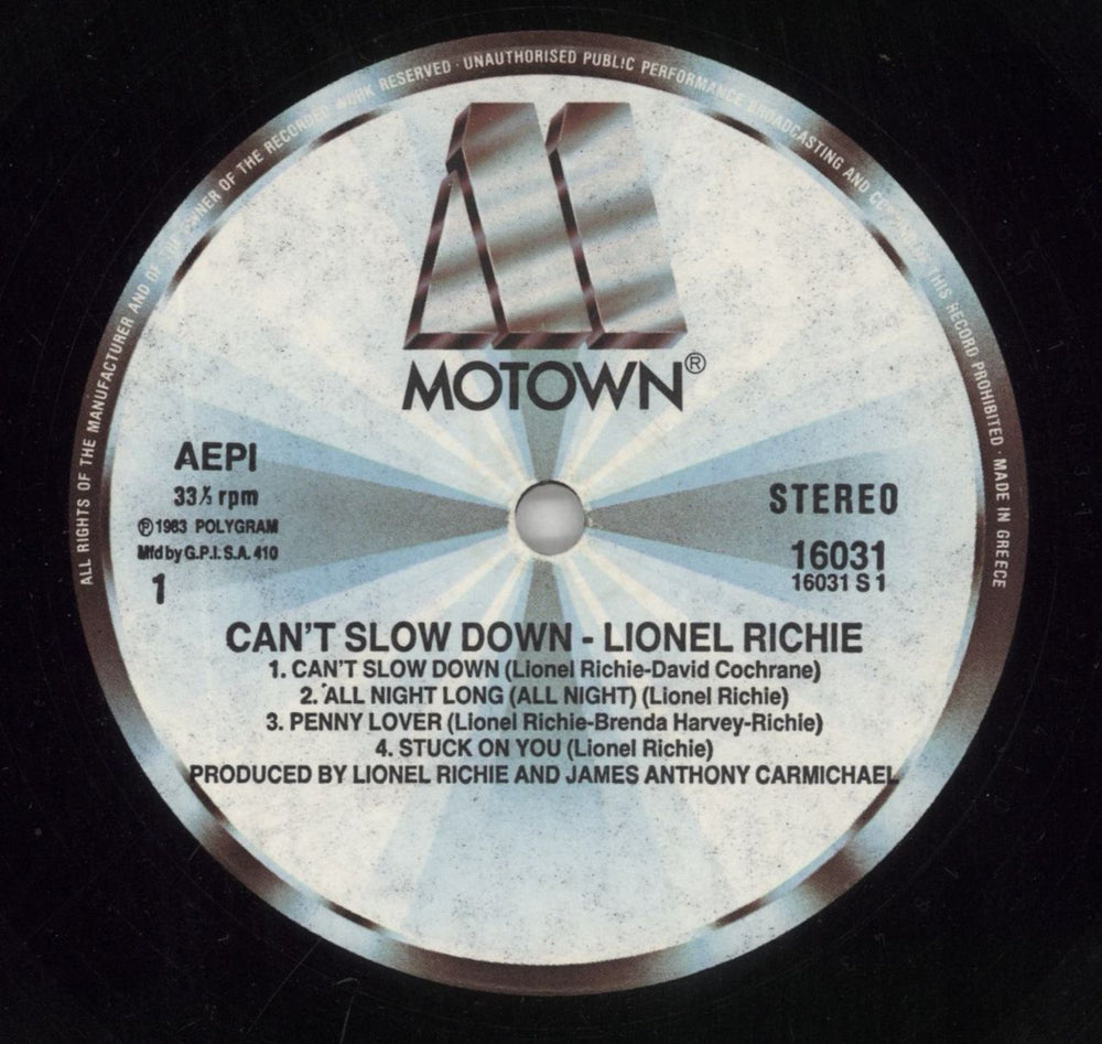 Lionel Richie Can't Slow Down Greek vinyl LP album (LP record) LNRLPCA736904