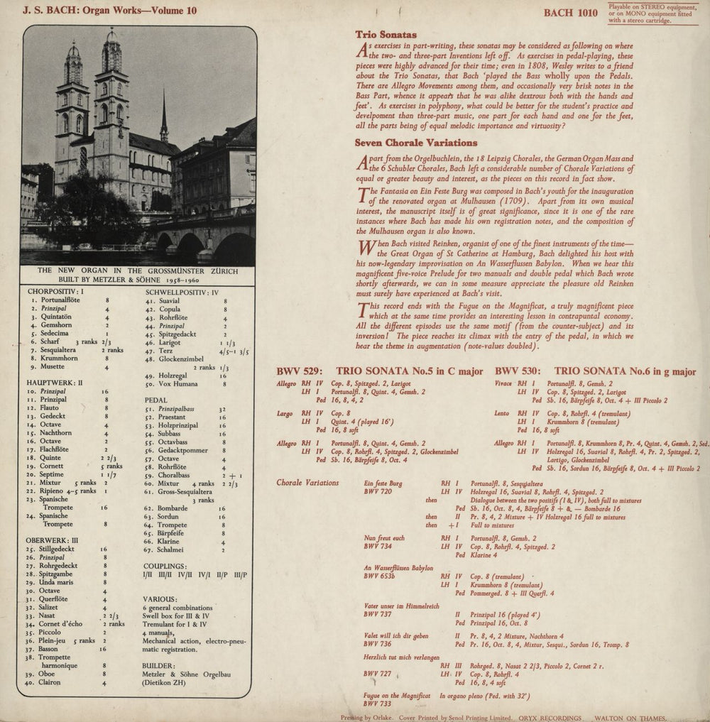 Lionel Rogg Johann Sebastian Bach - Organ Works Volume 10 UK vinyl LP album (LP record)