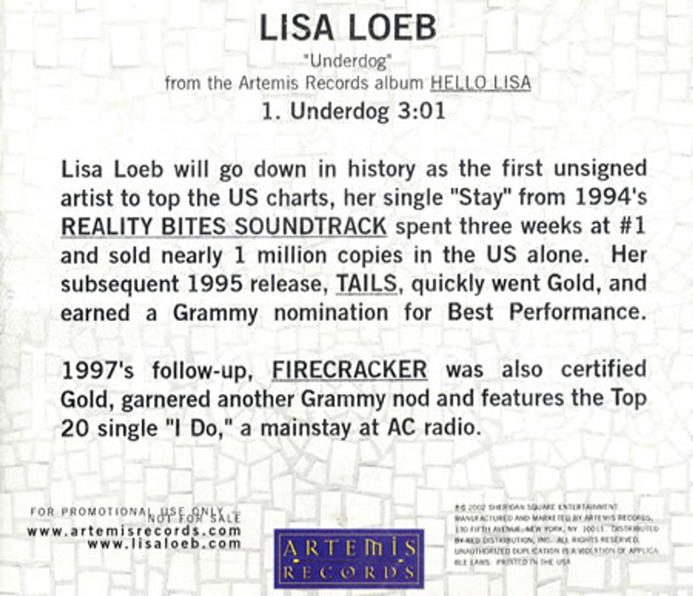 Lisa Loeb Underdog US Promo CD single (CD5 / 5") ARTCD-173