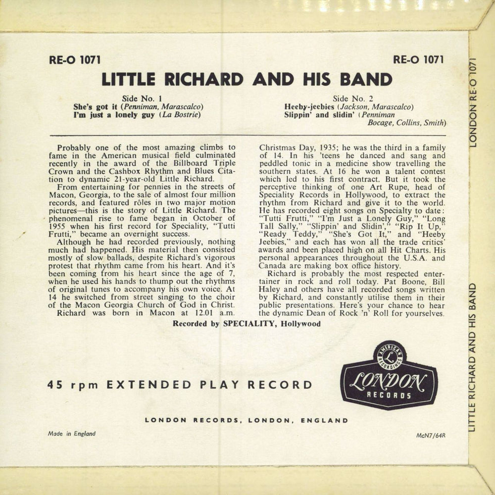 Little Richard Little Richard And His Band EP - July 1964 UK 7" vinyl single (7 inch record / 45)