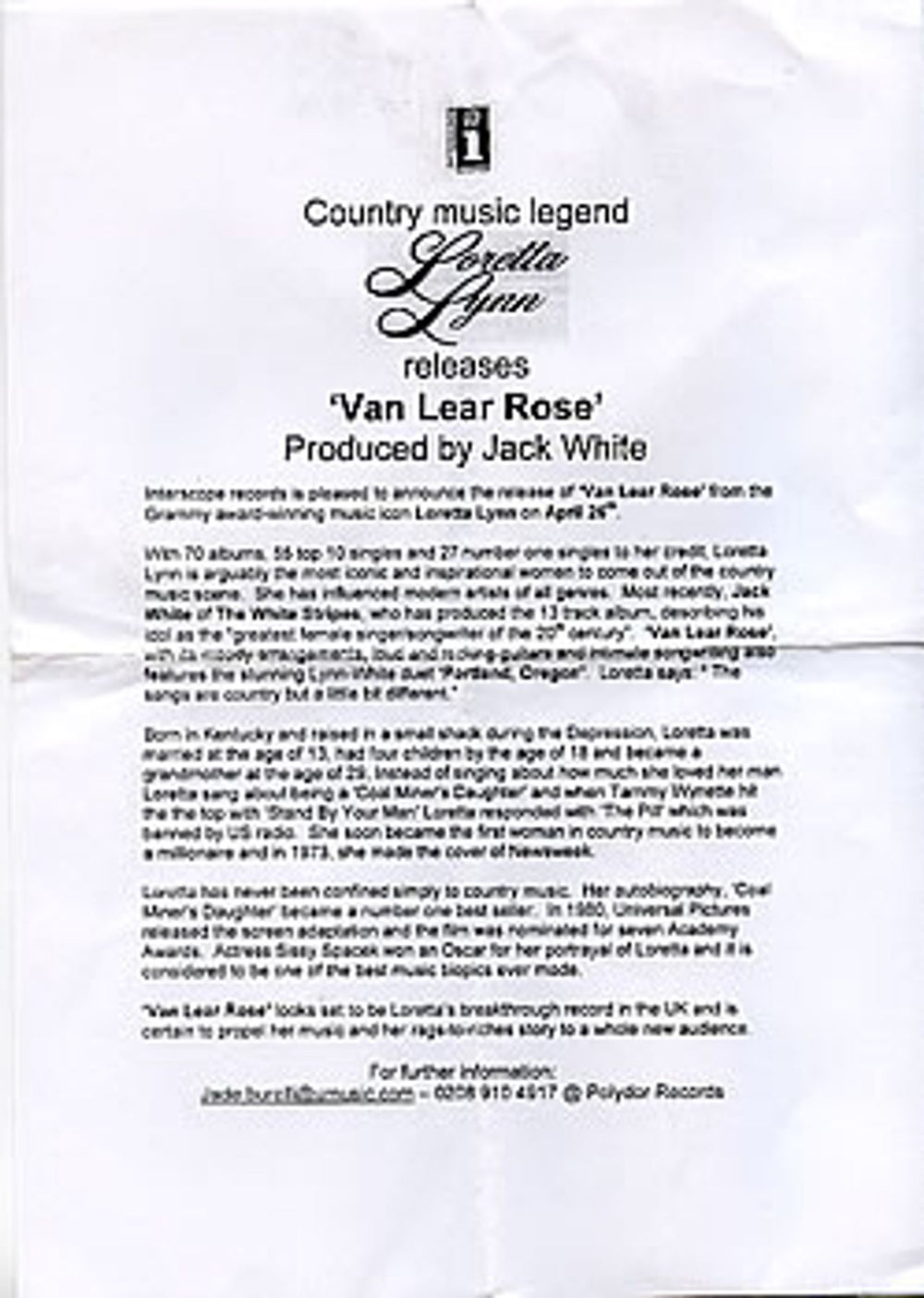 Loretta Lynn Van Lear Rose UK CD-R acetate CD-R ACETATE