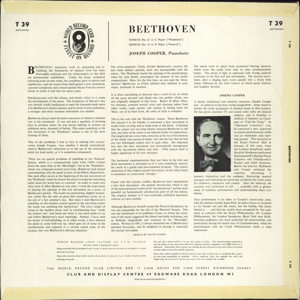 Ludwig Van Beethoven Piano Sonata No21 & Piano Sonata No15 UK vinyl LP album (LP record)