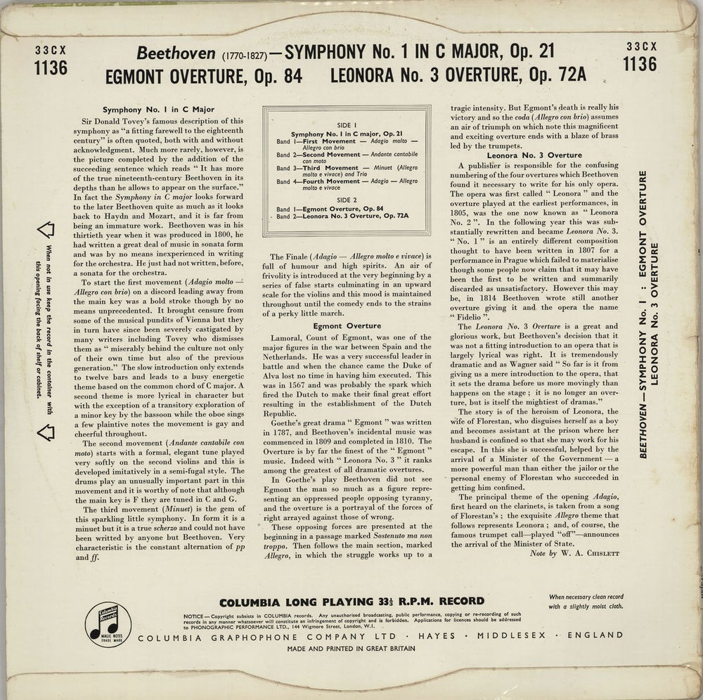 Ludwig Van Beethoven Symphony No. 1 In C Major, Op. 21 / Egmont Overture, Op. 84 / Leonora No. 3 Overture, Op. 72A UK vinyl LP album (LP record)