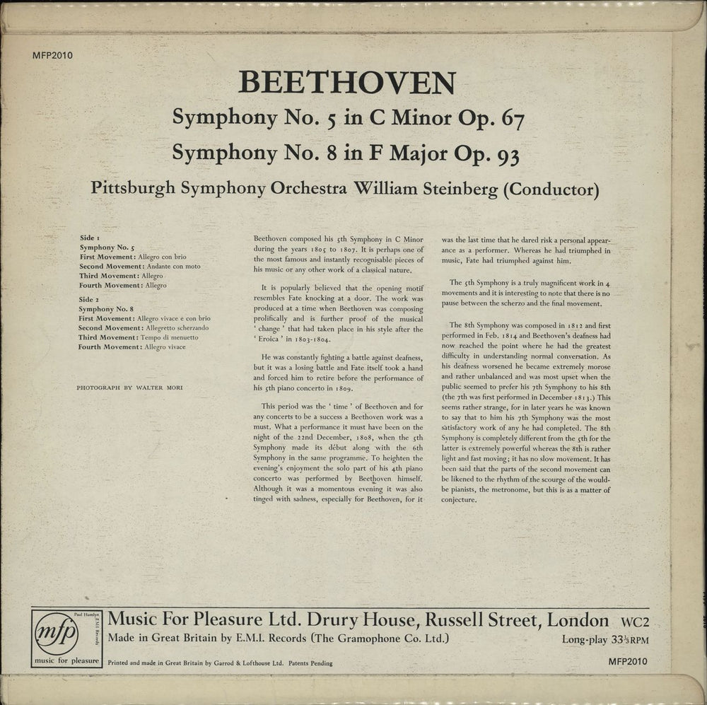 Ludwig Van Beethoven Symphony No. 5 in C Minor, Op.67 / Symphony No. 8 in F Major, Op.93 UK vinyl LP album (LP record)