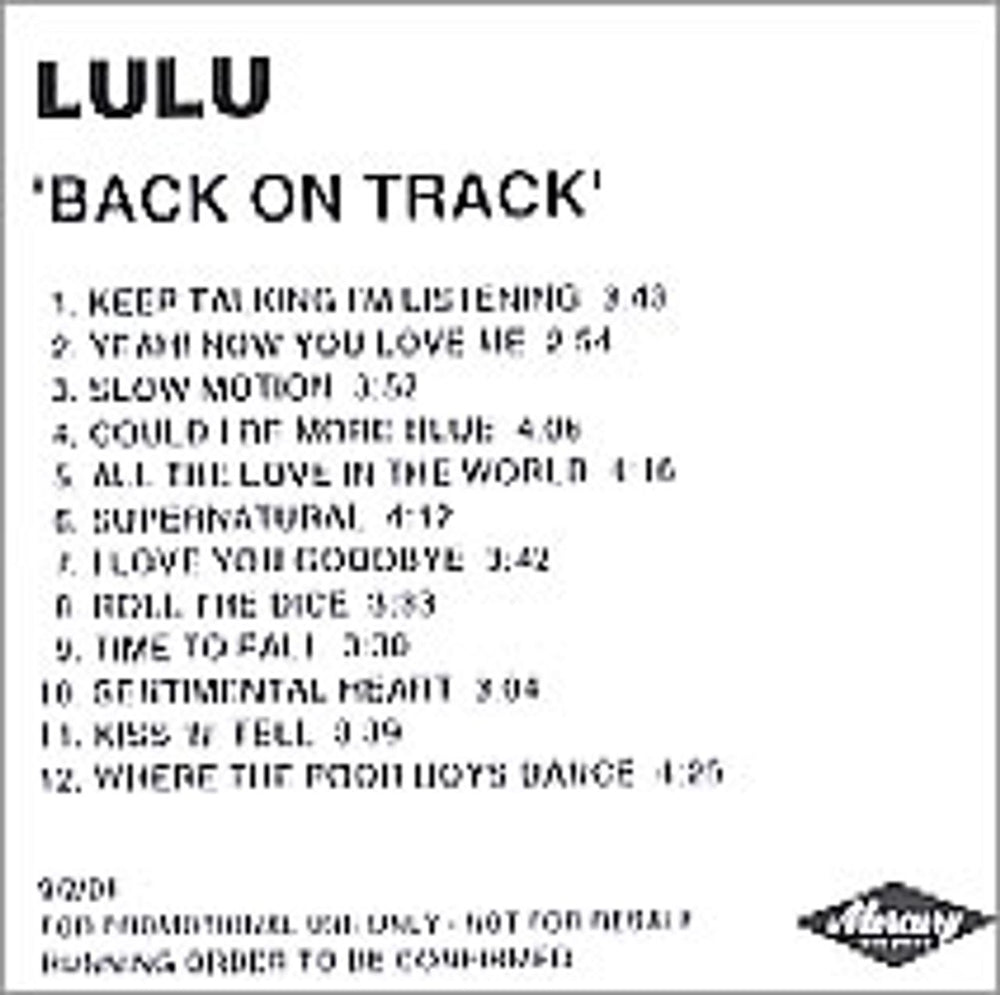 Lulu Back On Track UK Promo CD-R acetate CD-R ACETATE