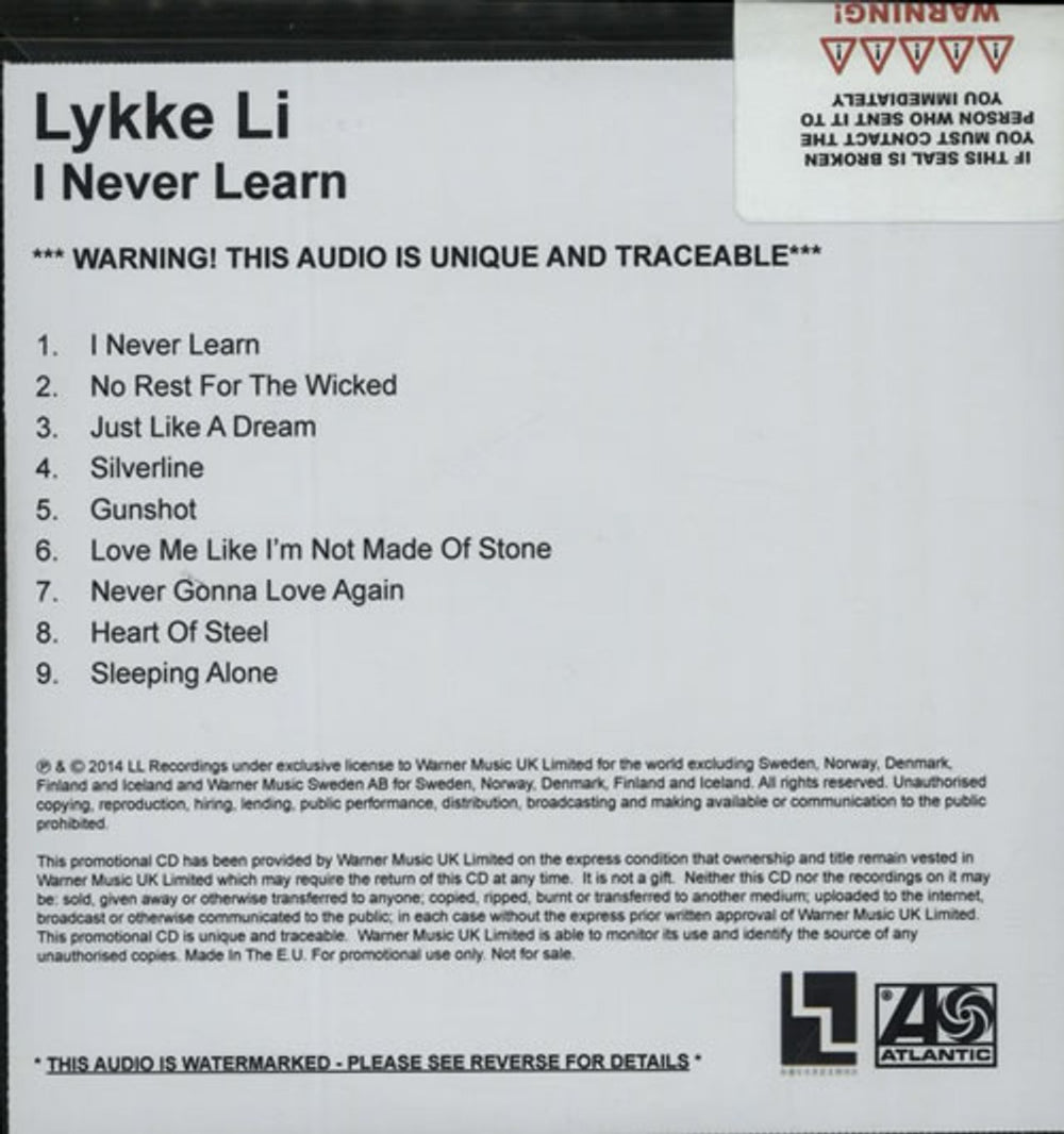 Lykke Li I Never Learn UK Promo CD-R acetate CD-R