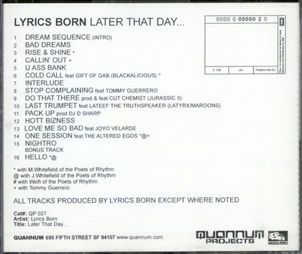 Lyrics Born Later That Day... US Promo CD album (CDLP) QP-027