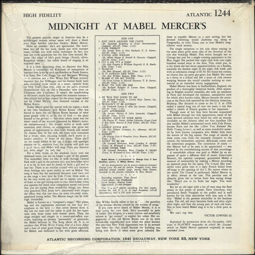 Mabel Mercer Midnight At Mabel Mercer's US vinyl LP album (LP record)