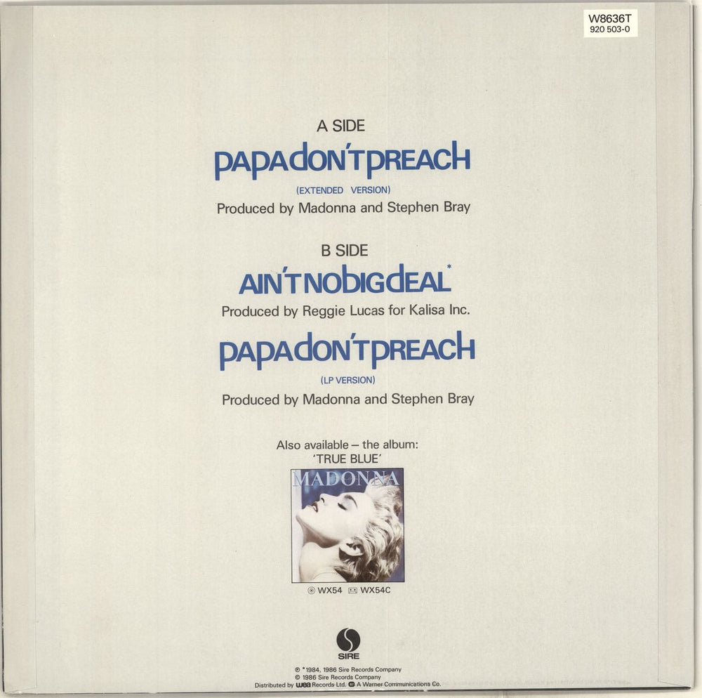 Madonna Papa Don't Preach - Blue Titles + Poster - EX UK 12" vinyl single (12 inch record / Maxi-single) MAD12PA707545