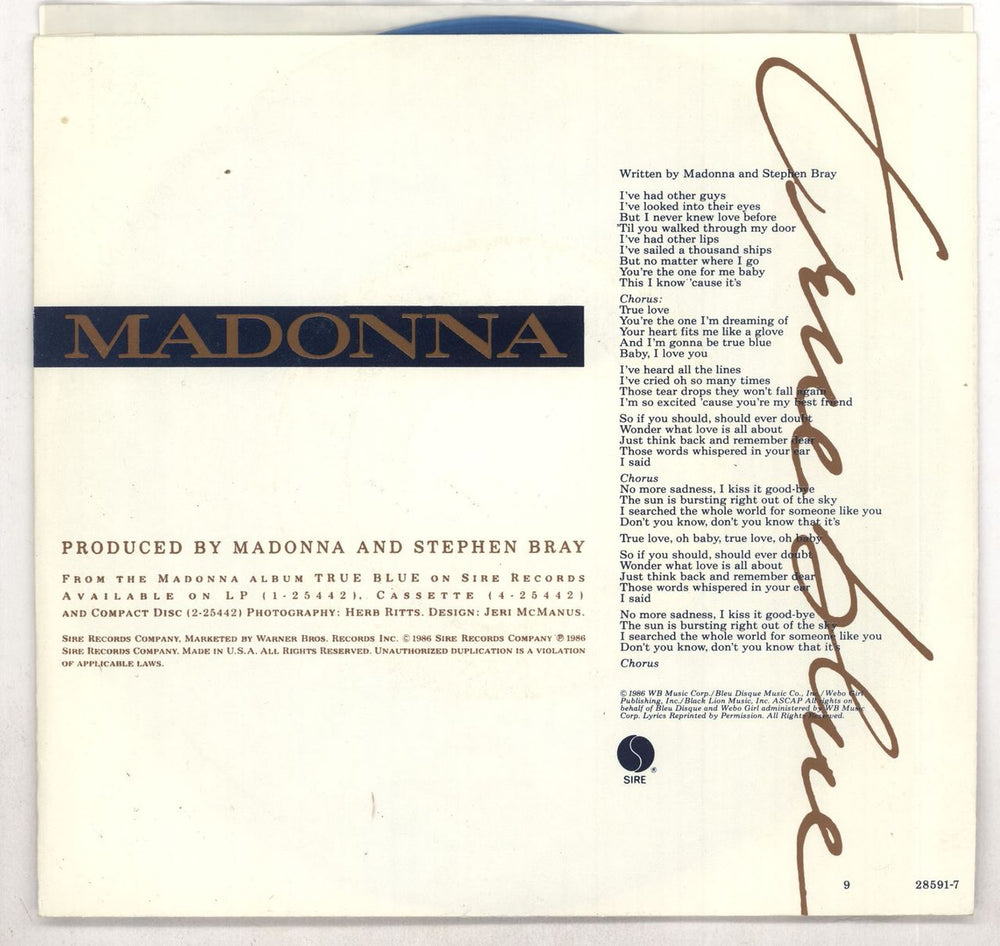 Madonna True Blue - Blue Vinyl + Sleeve US 7" vinyl single (7 inch record / 45) MAD07TR02505