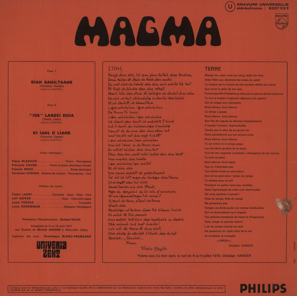 Magma 1001° Centigrades French vinyl LP album (LP record)