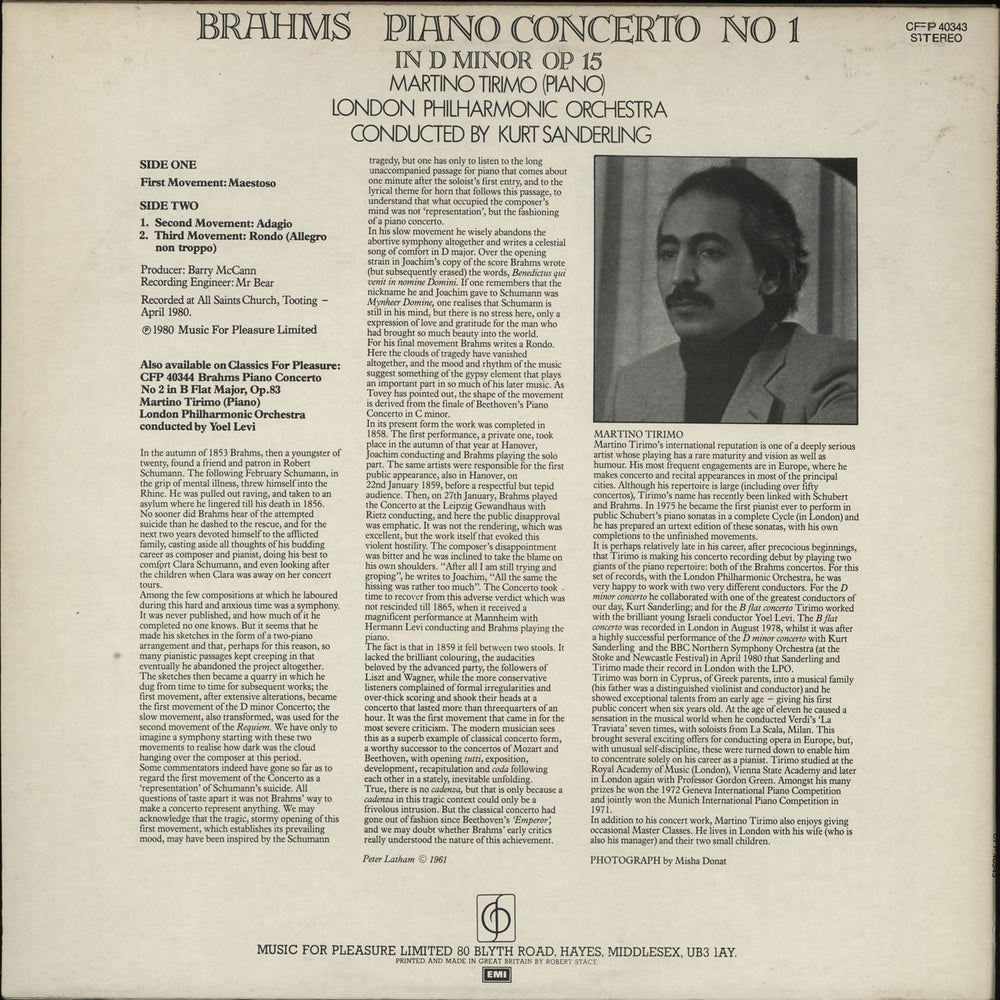 Martino Tirimo Brahms: Piano Concerto No. 1 UK vinyl LP album (LP record)