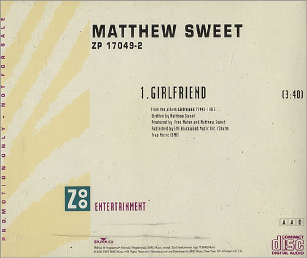 Matthew Sweet Girlfriend US Promo CD single (CD5 / 5") MSWC5GI89092