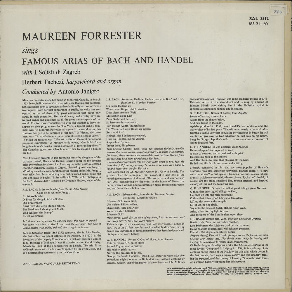 Maureen Forrester Sings Famous Arias Of Bach And Handel UK vinyl LP album (LP record)