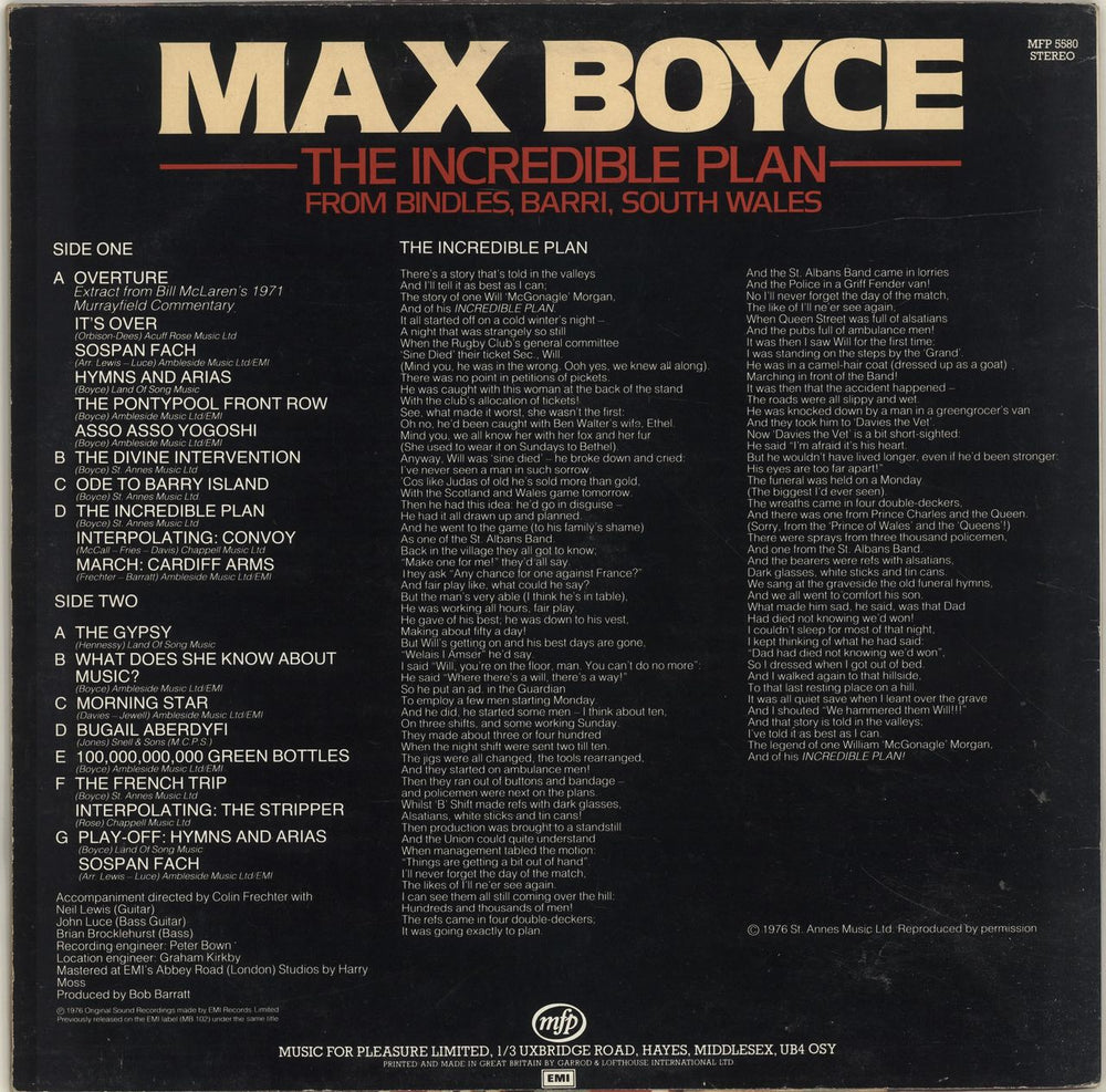 Max Boyce The Incredible Plan UK vinyl LP album (LP record) MXBLPTH694749