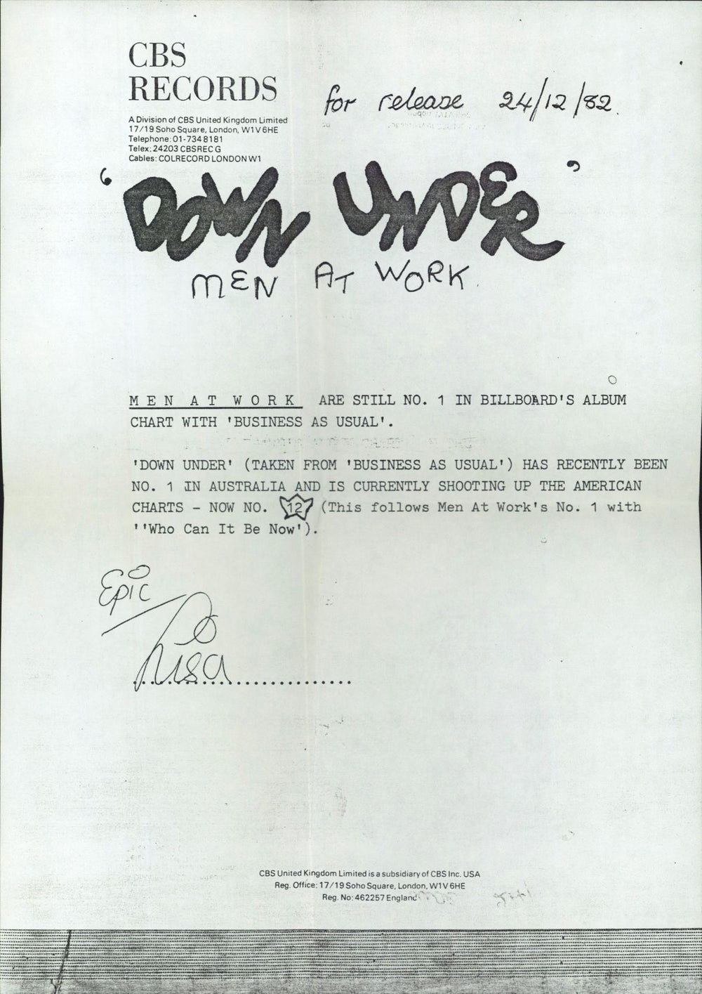 Men At Work Down Under - A Label + PR UK Promo 7" vinyl single (7 inch record / 45)
