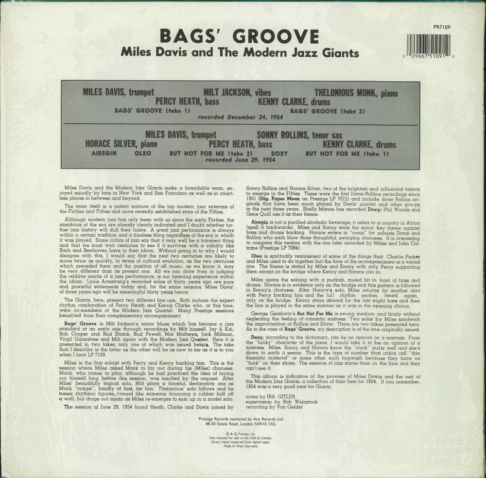 Miles Davis Bags Groove - stickered shrink German vinyl LP album (LP record) 029667510912