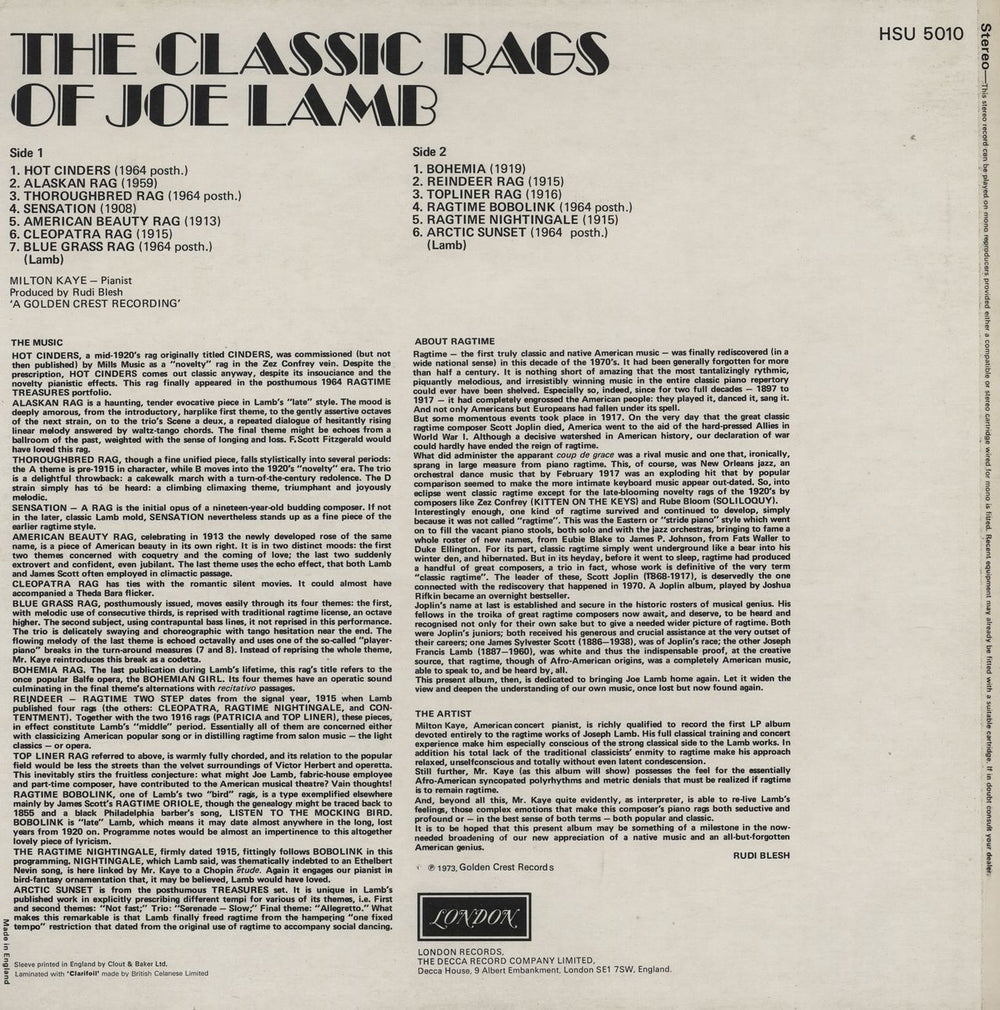 Milton Kaye The Classic Rags Of Joe Lamb UK vinyl LP album (LP record)