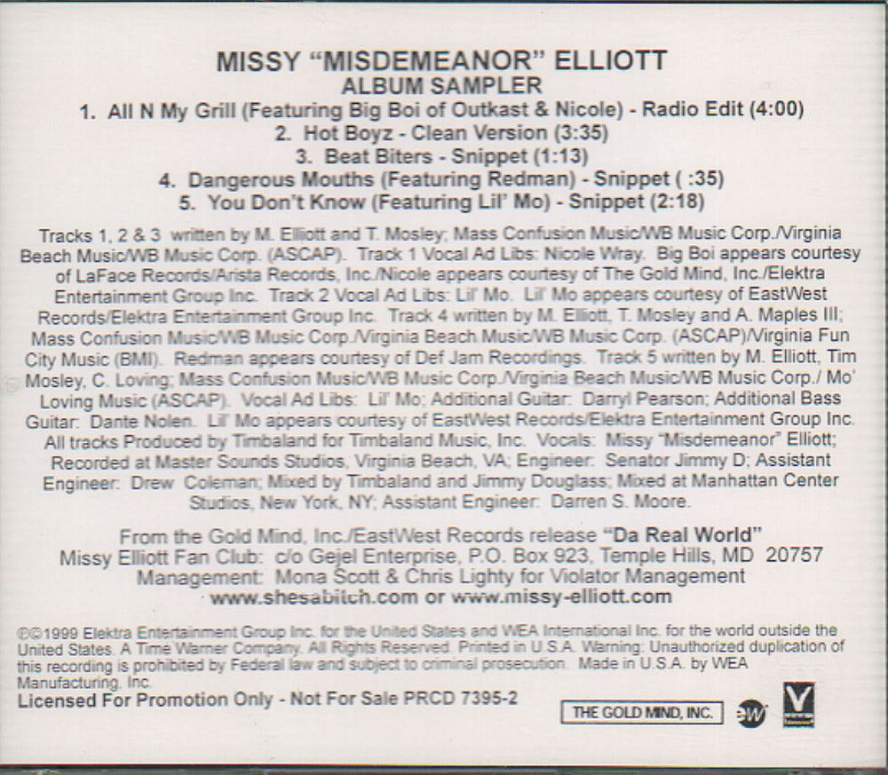 Missy Misdemeanor Elliott Album Sampler US Promo CD single (CD5 / 5") PRCD7395-2