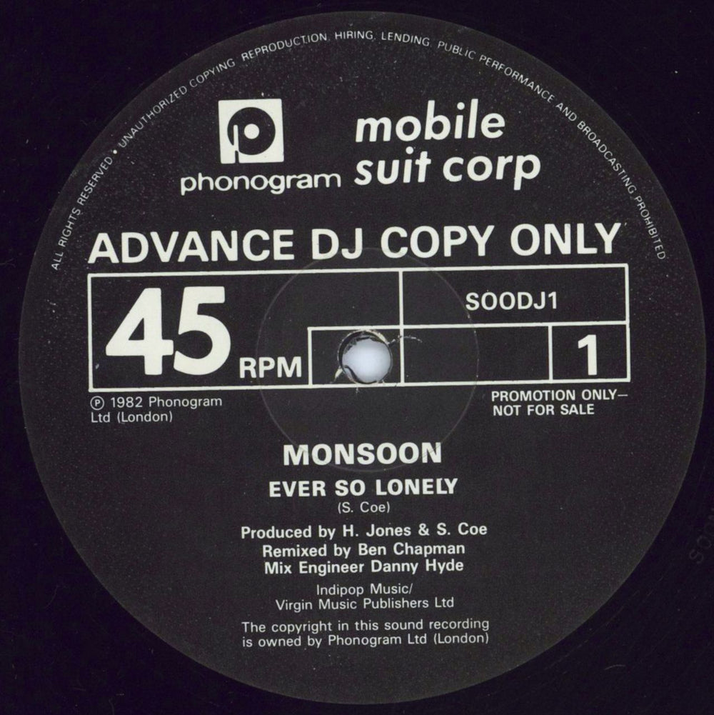 Monsoon Ever So Lonely UK Promo 12" vinyl single (12 inch record / Maxi-single) SOODJ1