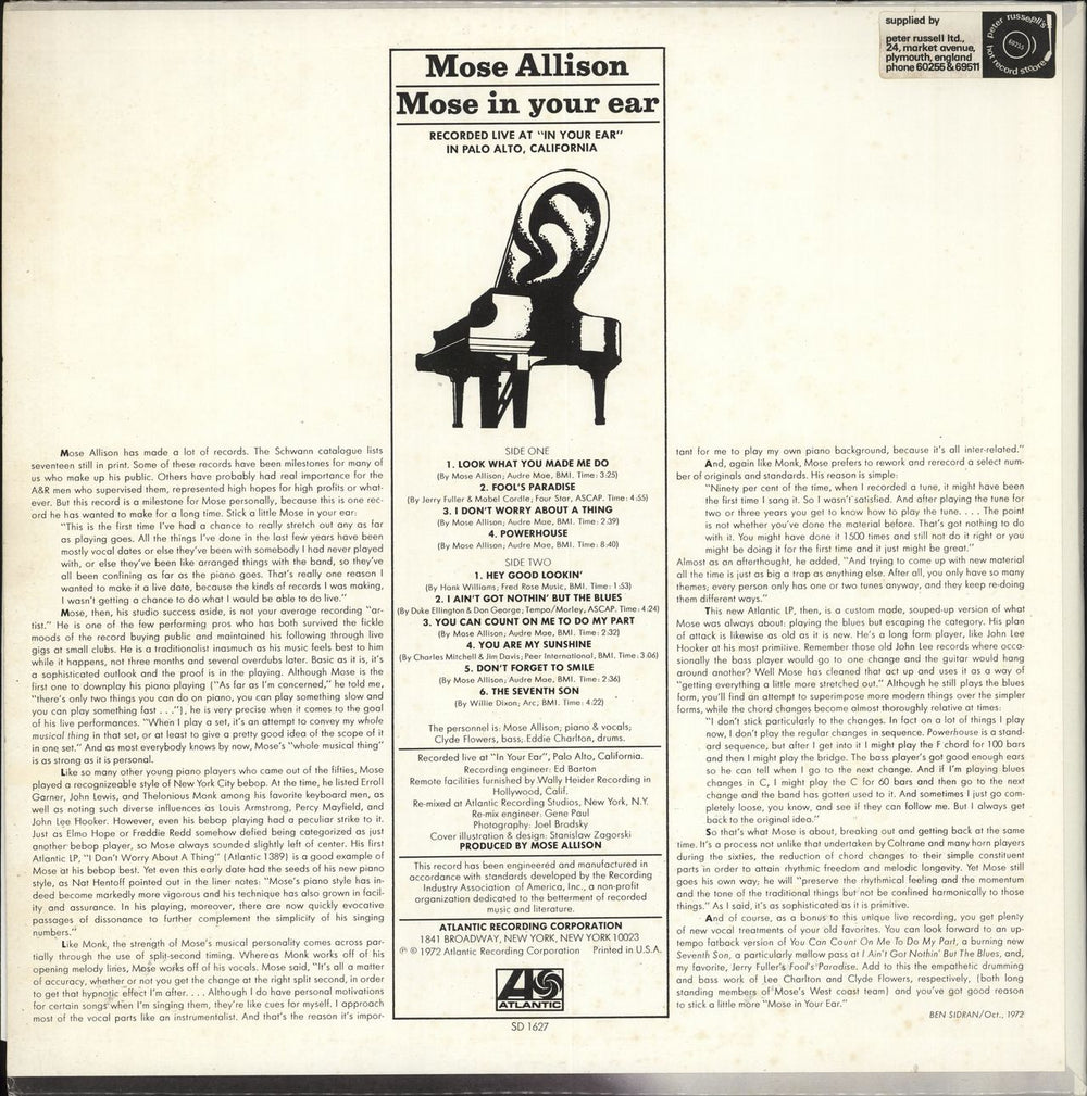 Mose Allison Mose In Your Ear US vinyl LP album (LP record)