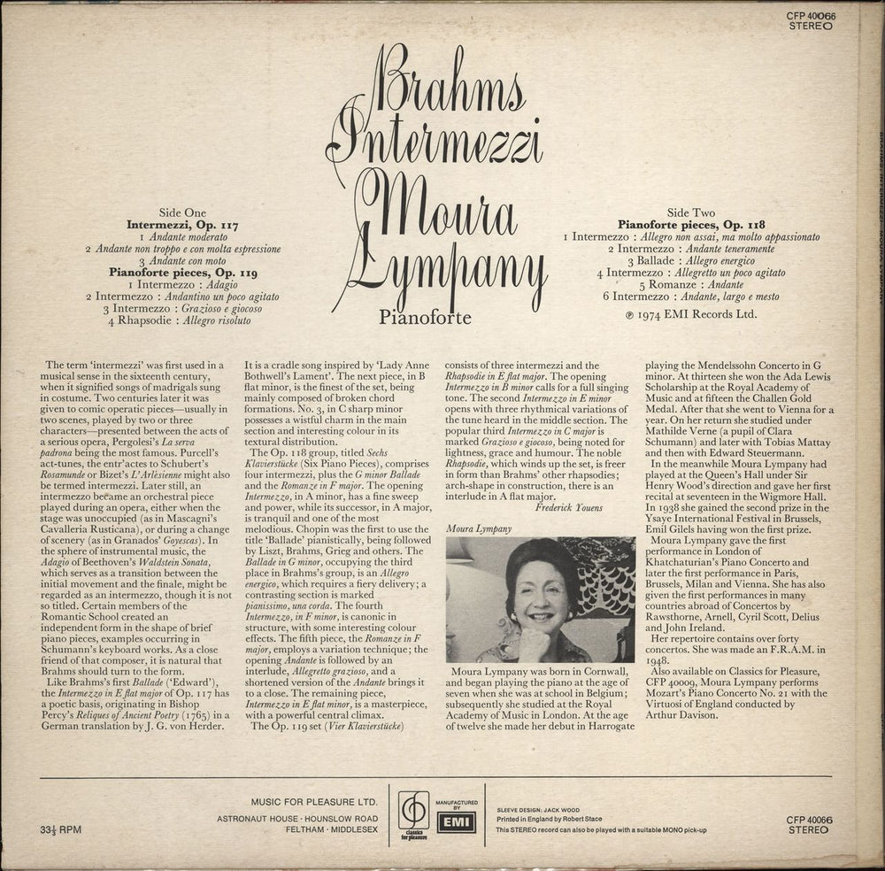 Moura Lympany Brahms Intermezzi UK vinyl LP album (LP record)