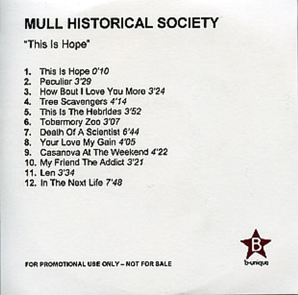 Mull Historical Society This Is Hope UK Promo CD-R acetate CD-R ACETATE