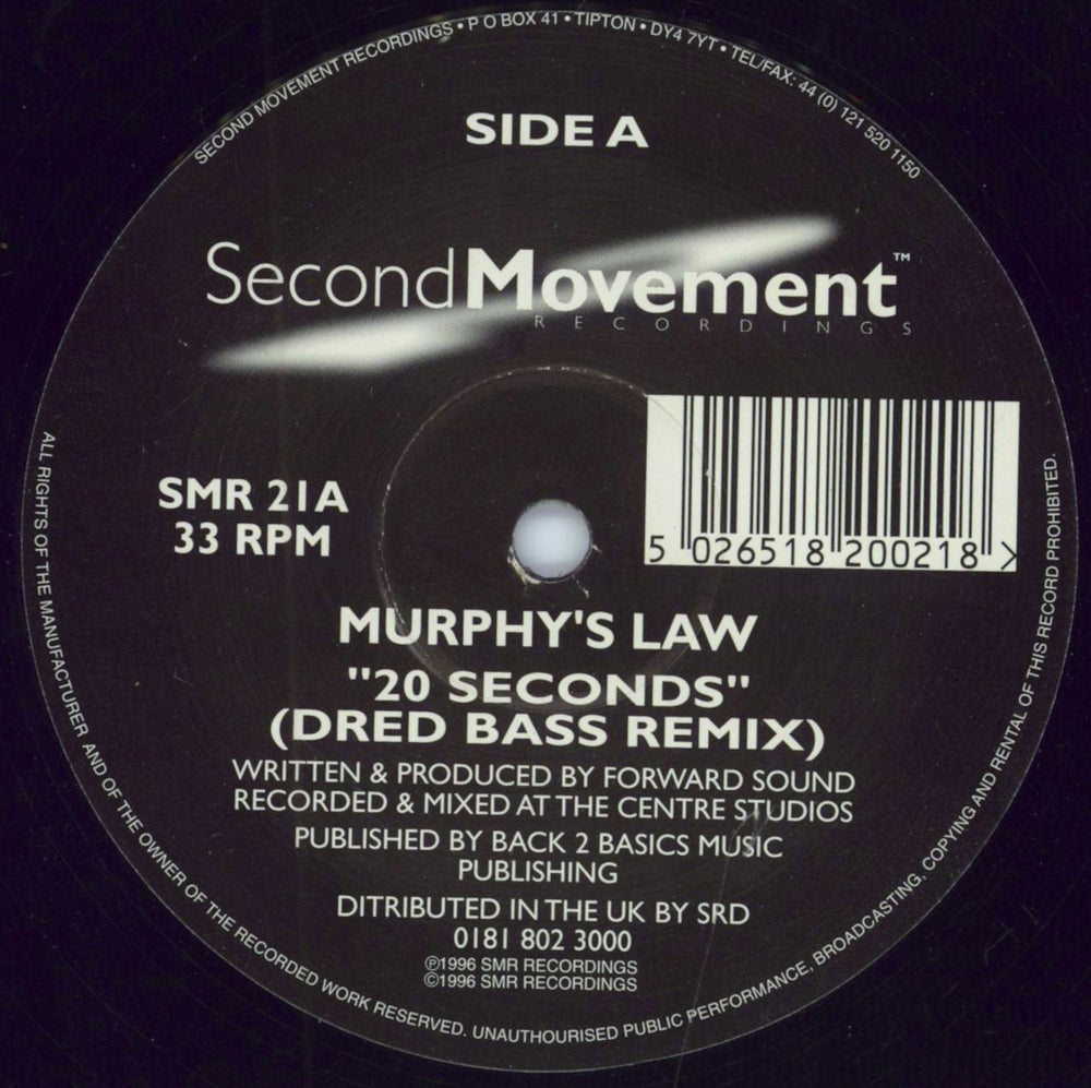 Murphy's Law (Drum & Bass) 20 Seconds (Dred Bass Remix) UK 12" vinyl single (12 inch record / Maxi-single) SMR21