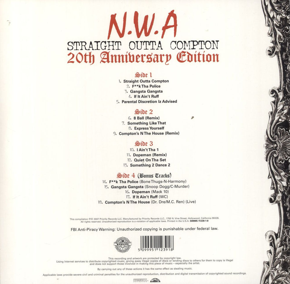 N.W.A. Straight Outta Compton: 20th Anniversary - 180gm Vinyl UK 2-LP vinyl record set (Double LP Album) 5099951123918