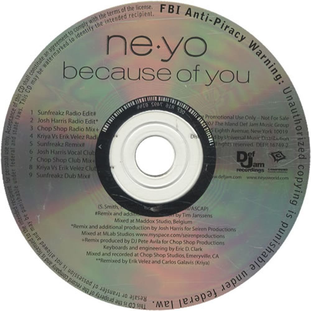 Ne-Yo Because Of You US Promo CD single (CD5 / 5") DEFR16749-2