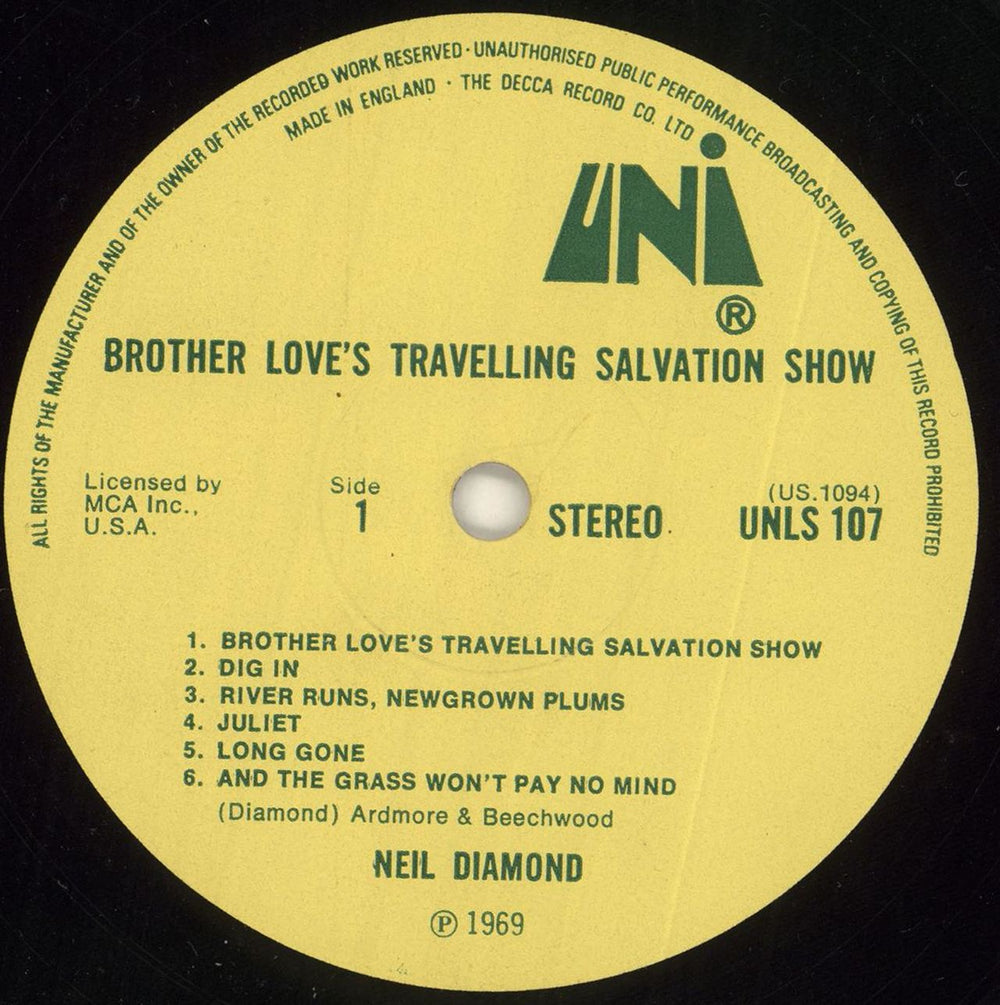 Neil Diamond Brother Love's Travelling Salvation Show UK vinyl LP album (LP record) NDILPBR732868