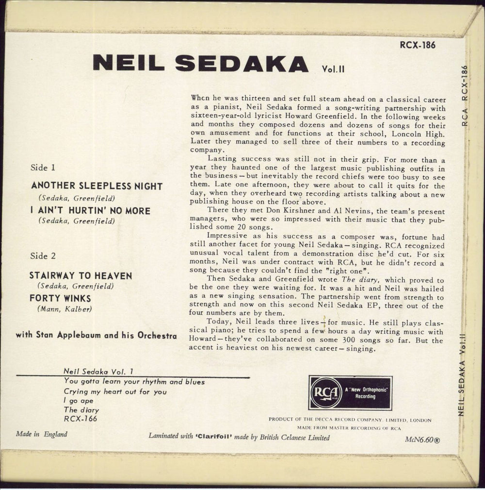 Neil Sedaka Vol 2 UK 7" vinyl single (7 inch record / 45)