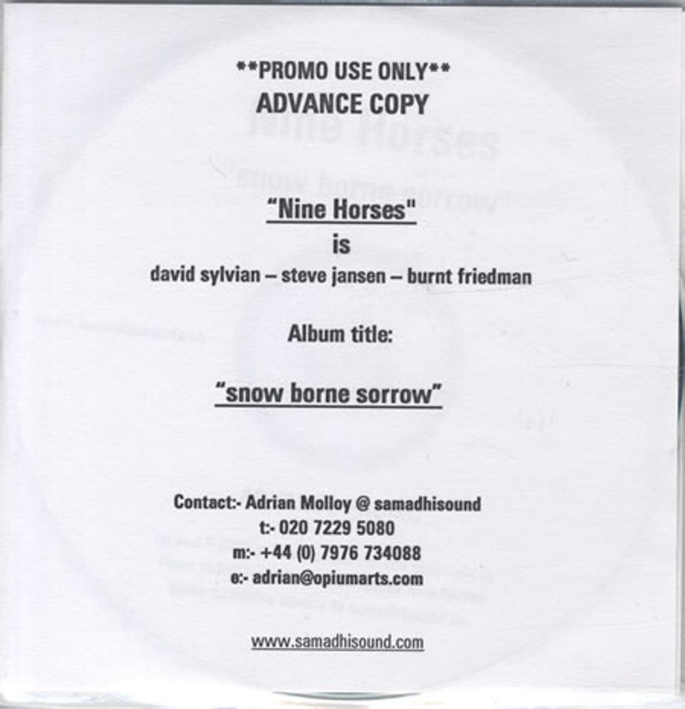 Nine Horses Snow Borne Sorrow UK Promo CD-R acetate CD-R ACETATE