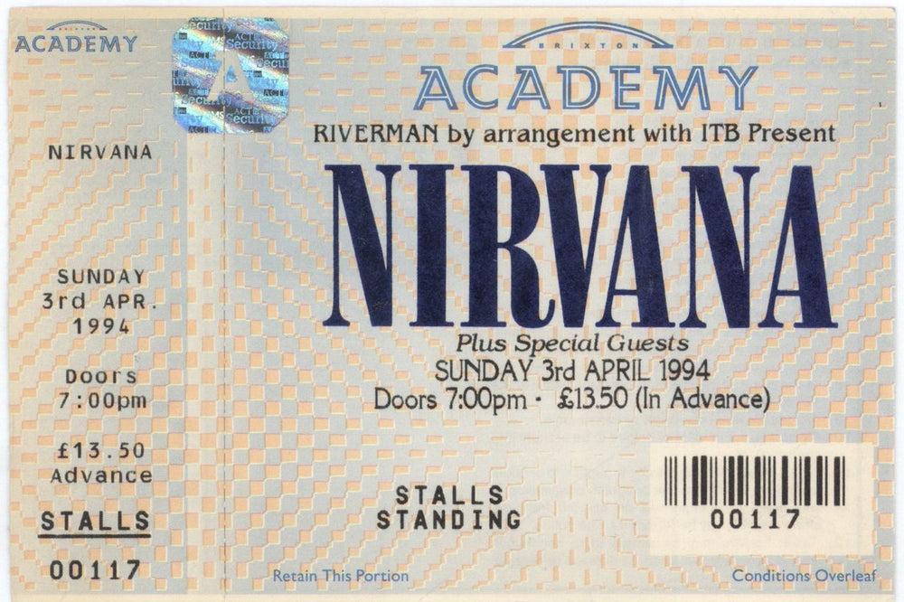 Nirvana (US) 3rd April 1994 UK concert ticket TICKET STUB